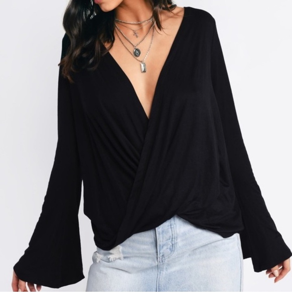 Black plunge wrap / draped top - Tobi